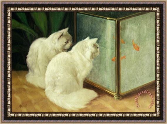 Arthur Heyer White Cats Watching Goldfish Framed Painting
