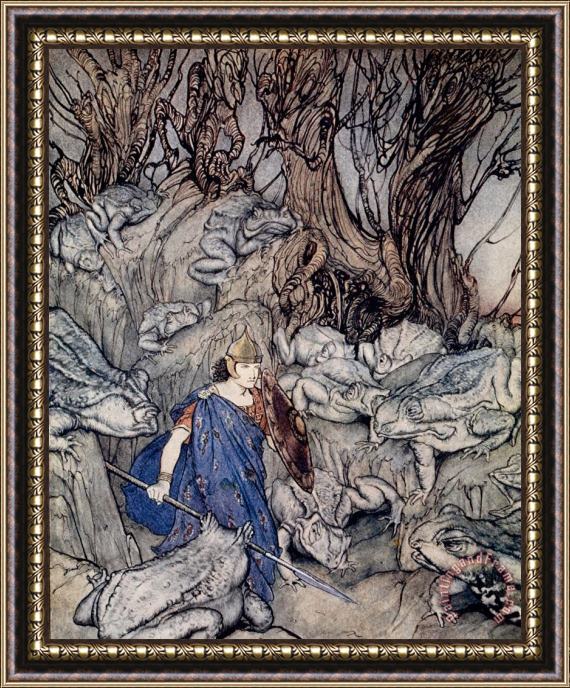 Arthur Rackham In The Forked Glen Into Which He Slipped At Night-fall He Was Surrounded By Giant Toads Framed Print