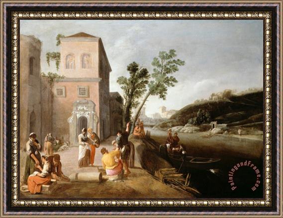 Artist, Maker Unknown, Italian Figures on The Bank of a River Framed Painting