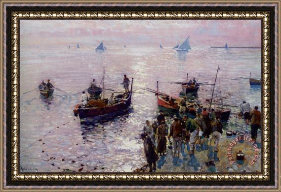 Attilio Pratella Loading The Boats at Dawn Framed Painting