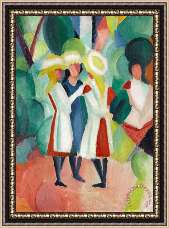 August Macke Three Girls in Yellow Straw Hats Framed Painting