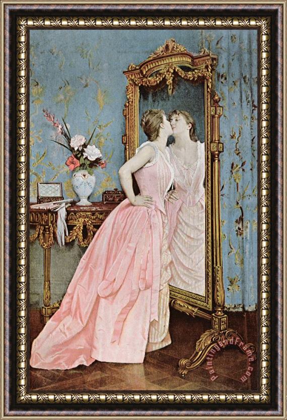 Auguste Toulmouche In The Mirror Framed Painting