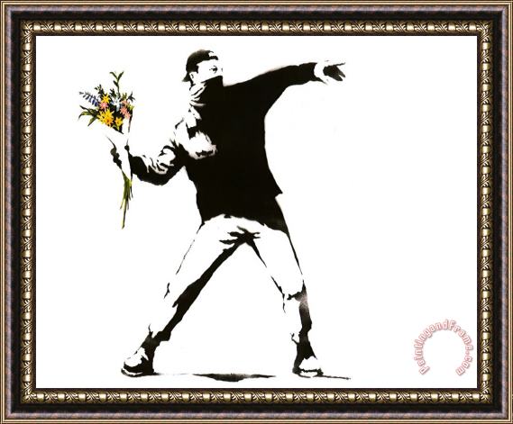 Banksy Flower Thrower White Framed Painting