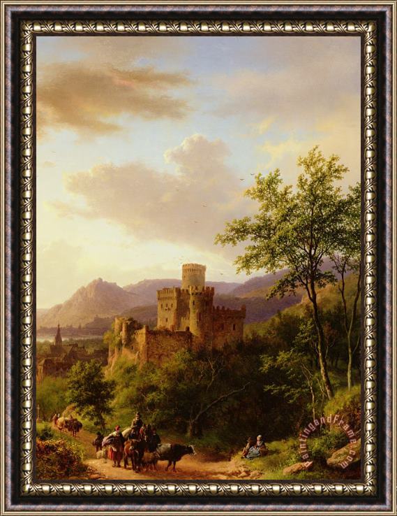 Barend Cornelis Koekkoek Travellers on a Path in an extensive Rhineland Landscape Framed Painting