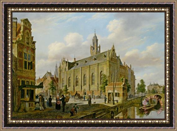 Bartholomeus Johannes Van Hove A Town Scene on a Canal Framed Painting