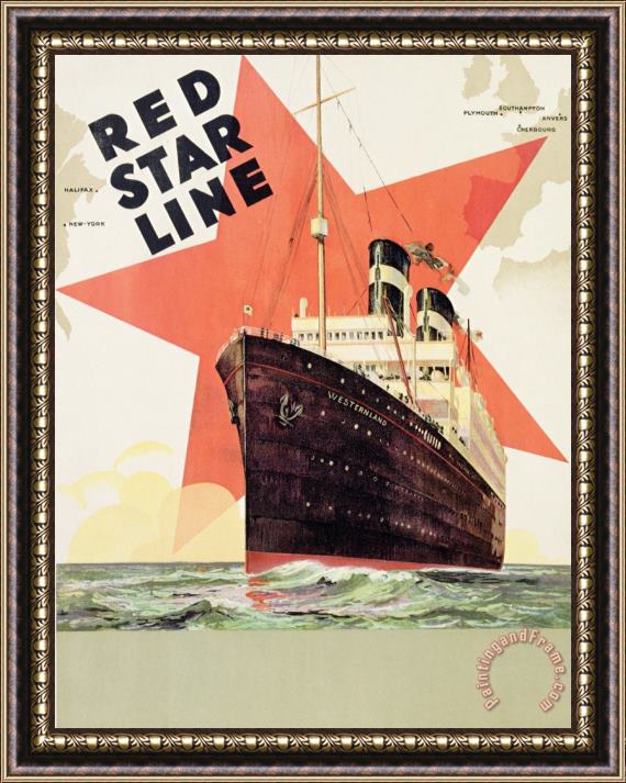 Belgian School Poster Advertising The Red Star Line Framed Painting