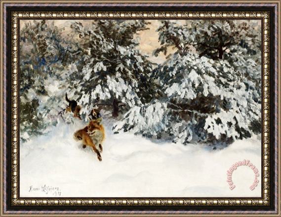 Bruno Liljefors Winter Landscape with Fox And Hounds Framed Painting