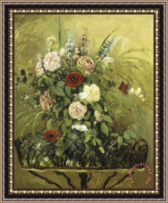 Camille Pissarro Bouquet of Flowers with a Rustic Wooden Jardiniere Framed Painting