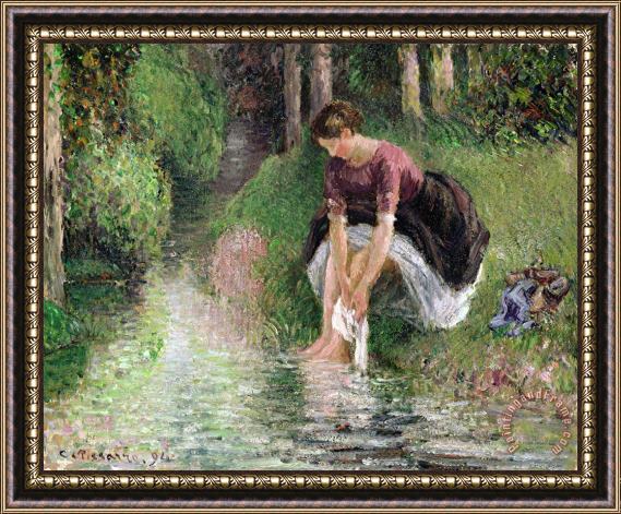 Camille Pissarro Woman Washing Her Feet in a Brook Framed Painting