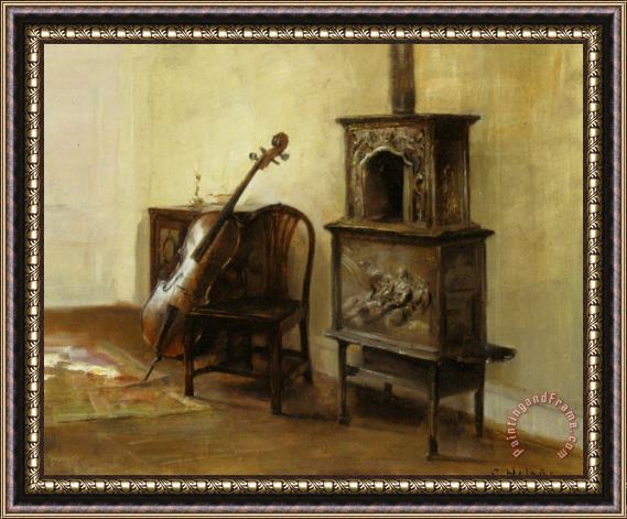 Carl Vilhelm Holsoe Interieur Med En Cello Framed Painting