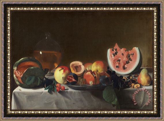 Carlo Saraceni Still Life With Watermelons And Carafe Of White Wine Framed Painting