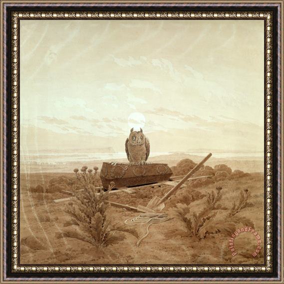 Caspar David Friedrich Landscape with Grave, Coffin And Owl (sepia Ink And Pencil on Paper) Framed Painting