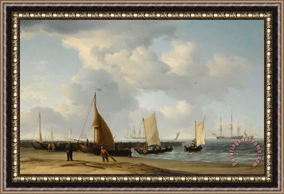 Charles Brooking A Dutch Beach Scene with a Man of War in The Distance Framed Painting