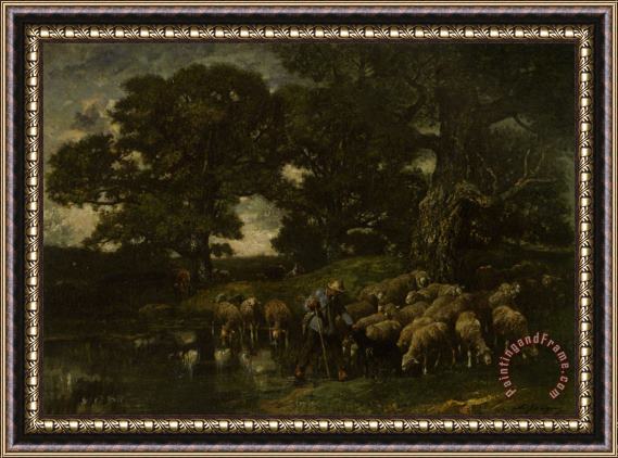 Charles Emile Jacque A Shepherd And His Flock by a Pond Framed Print