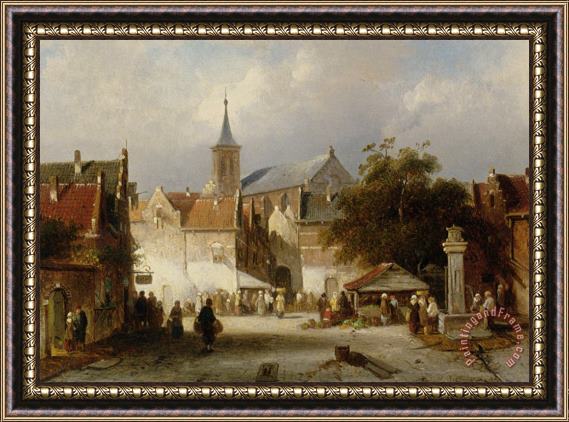 Charles Henri Joseph Leickert A Busy Market in a Dutch Town Framed Painting