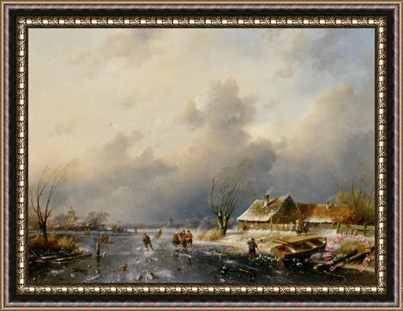 Charles Henri Joseph Leickert A Frozen Waterway with Skaters by a Cottage Framed Painting