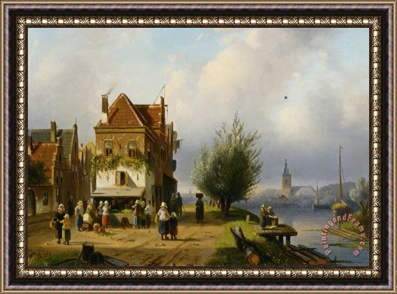 Charles Henri Joseph Leickert A Town View with Figures by a Market Street Stall Framed Painting