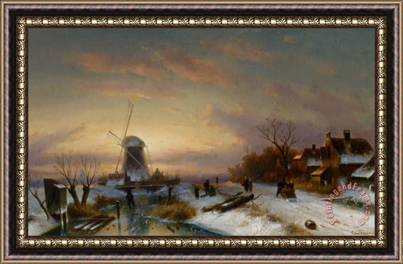 Charles Henri Joseph Leickert Landscape with Skaters on The Ice Framed Painting