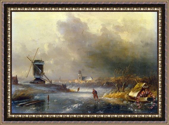 Charles Henri Joseph Leickert Winter Landscape with Skaters on a Frozen River Framed Painting