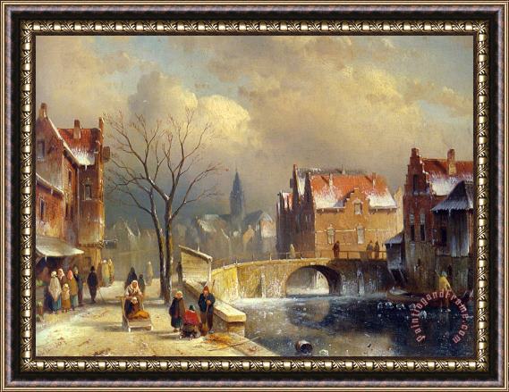 Charles Henri Joseph Leickert Winter Villagers on a Snowy Street by a Canal Framed Print