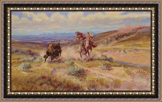 Charles Marion Russell Spearing A Buffalo Framed Painting
