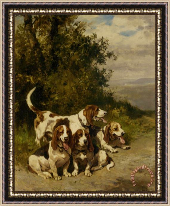 Charles Olivier De Penne Hunting with Dogs on a Forest Path Framed Print