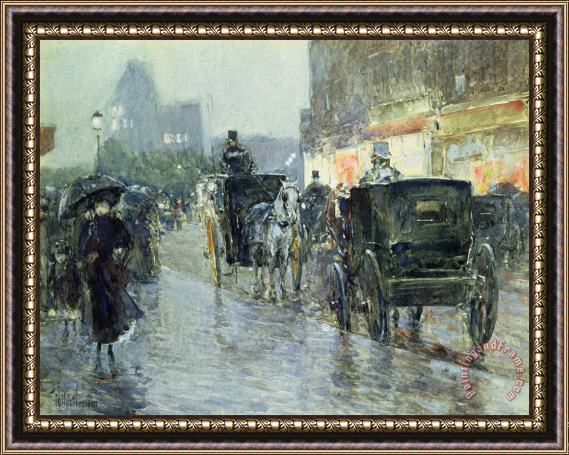 Childe Hassam Horse Drawn Cabs at Evening in New York Framed Painting