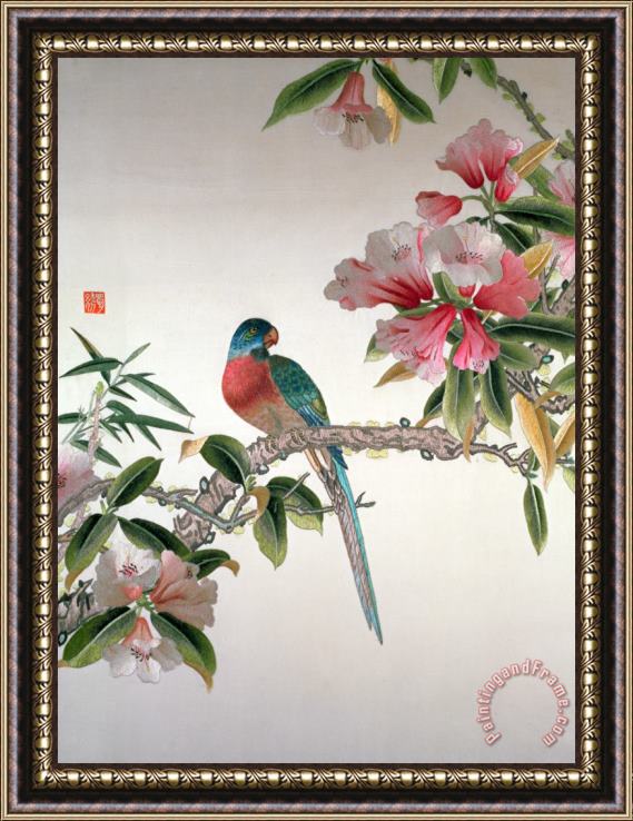 Chinese School Jay on a flowering branch Framed Painting