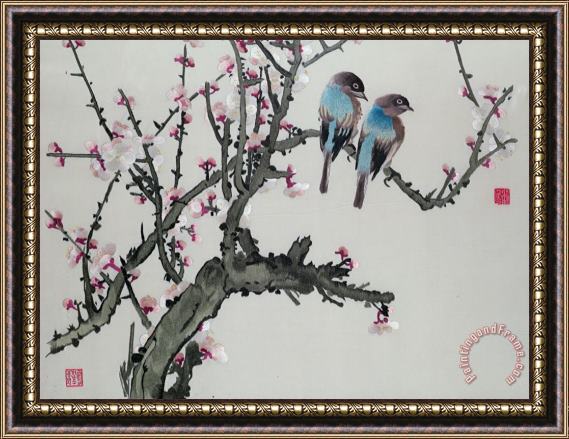 Chinese School Pair of birds on a cherry branch Framed Print