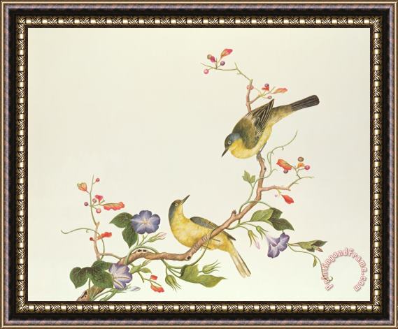 Chinese School Yellow Wagtail With Blue Head Framed Painting