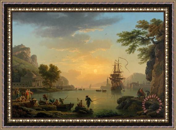 Claude Joseph Vernet A Landscape at Sunset with Fishermen Returning with Their Catch Framed Painting