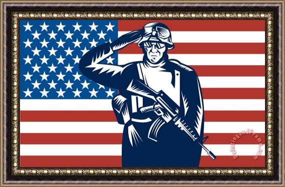 Collection 10 American soldier saluting flag Framed Painting