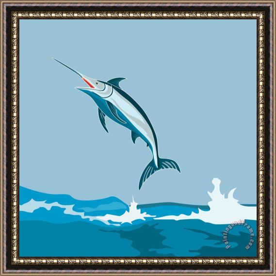 Collection 10 Blue Marlin Fish Jumping Retro Framed Print