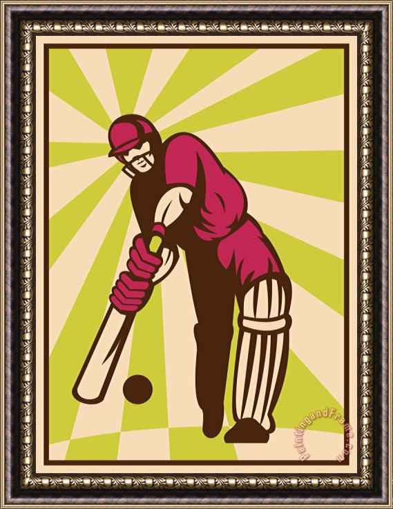 Collection 10 Cricket Sports Batsman Batting Retro Framed Print
