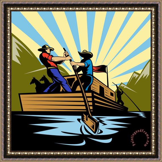 Collection 10 Flatboat Along River Framed Painting