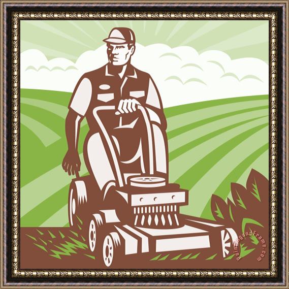 Collection 10 Gardener Landscaper Riding Lawn Mower Retro Framed Painting