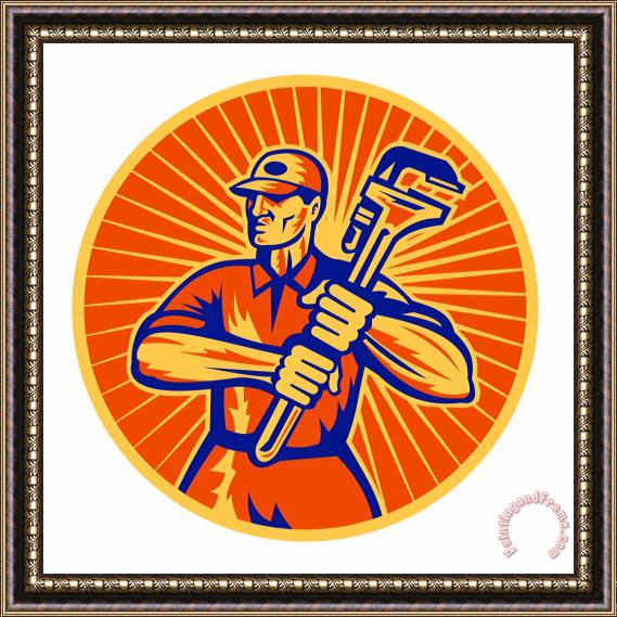 Collection 10 Plumber wielding holding monkey wrench retro Framed Print
