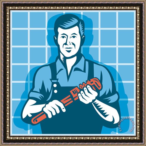 Collection 10 Plumber Worker With Monkey Wrench Retro Framed Painting
