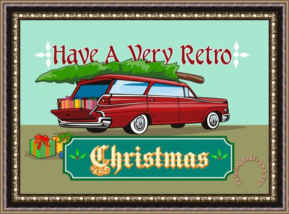 Collection 10 Retro Christmas Tree Station Wagon Framed Painting