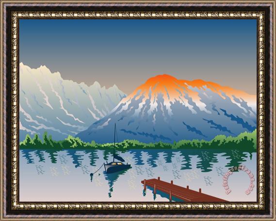 Collection 10 Sailboat Jetty Mountains Retro Framed Print