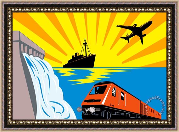 Collection 10 Train Boat Plane And Dam Framed Painting