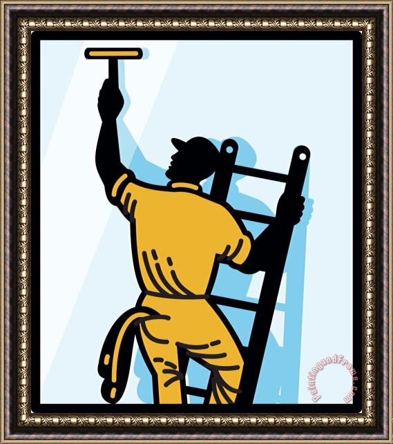 Collection 10 Window Cleaner Worker Cleaning Ladder Retro Framed Print