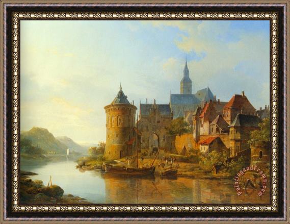Cornelis Springer A View of a Town Along The Rhine Framed Painting