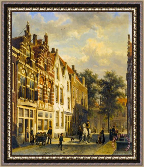 Cornelis Springer Figures in The Sunlit Streets of a Dutch Town Framed Painting