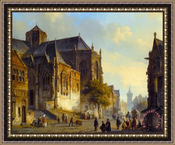 Cornelis Springer Figures on a Market Square in a Dutch Town Framed Painting