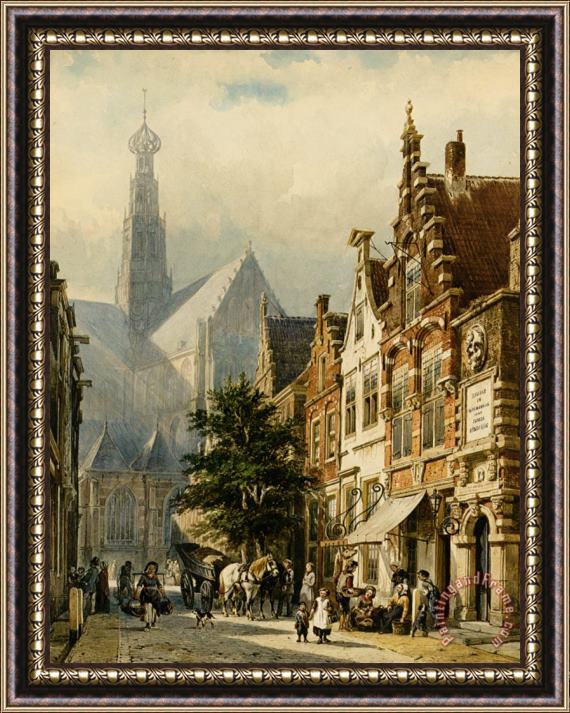 Cornelis Springer Manu Figures in The Streets of Haarlem Framed Painting