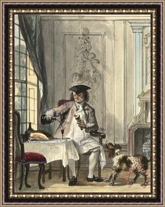 Cornelis Troost Tafelende Man Met Een Glas Wijn Een Een Kluif Framed Print