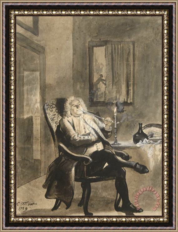 Cornelis Troost Zittende Man, Bij Kaarslicht Een Pijp Rokend, Terwijl Buiten Huizen in Brand Staan Framed Painting