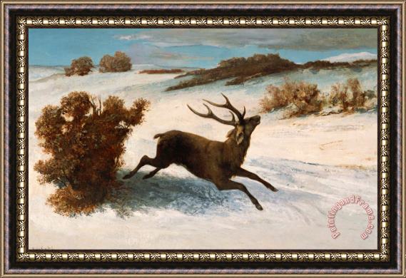 Courbet, Gustave Deer Running in The Snow Framed Painting
