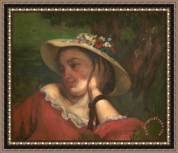 Courbet, Gustave Young Ladies on The Bank of The Seine - Fragment of a Painting (woman with Flowers on Her Hat) Framed Print
